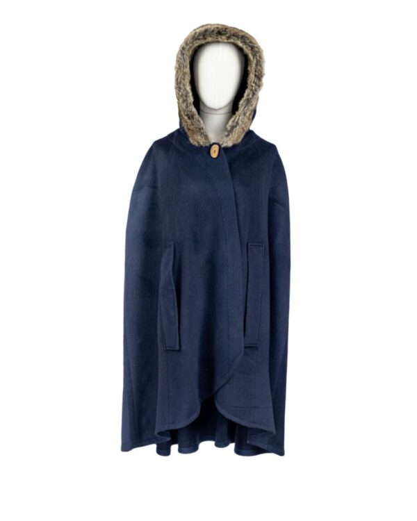 Cape of virgin wool with faux fur on the hood model Indra