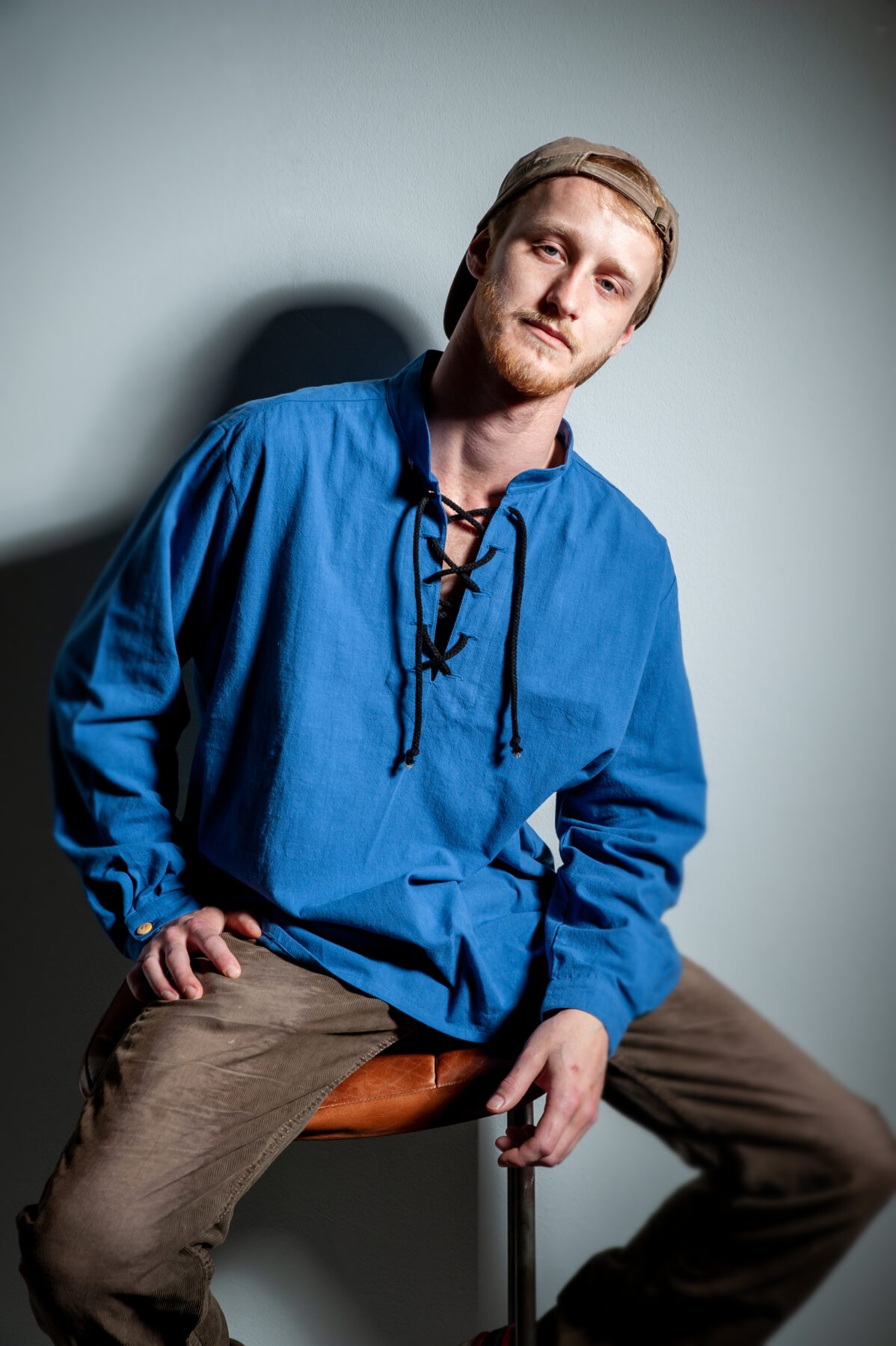 Get Natural-Baumwollhemd-Jakob-5695 - Kopie Baumwollhemd mit Stehkragen Jakob mit schnürung am Halsausschnitt blau