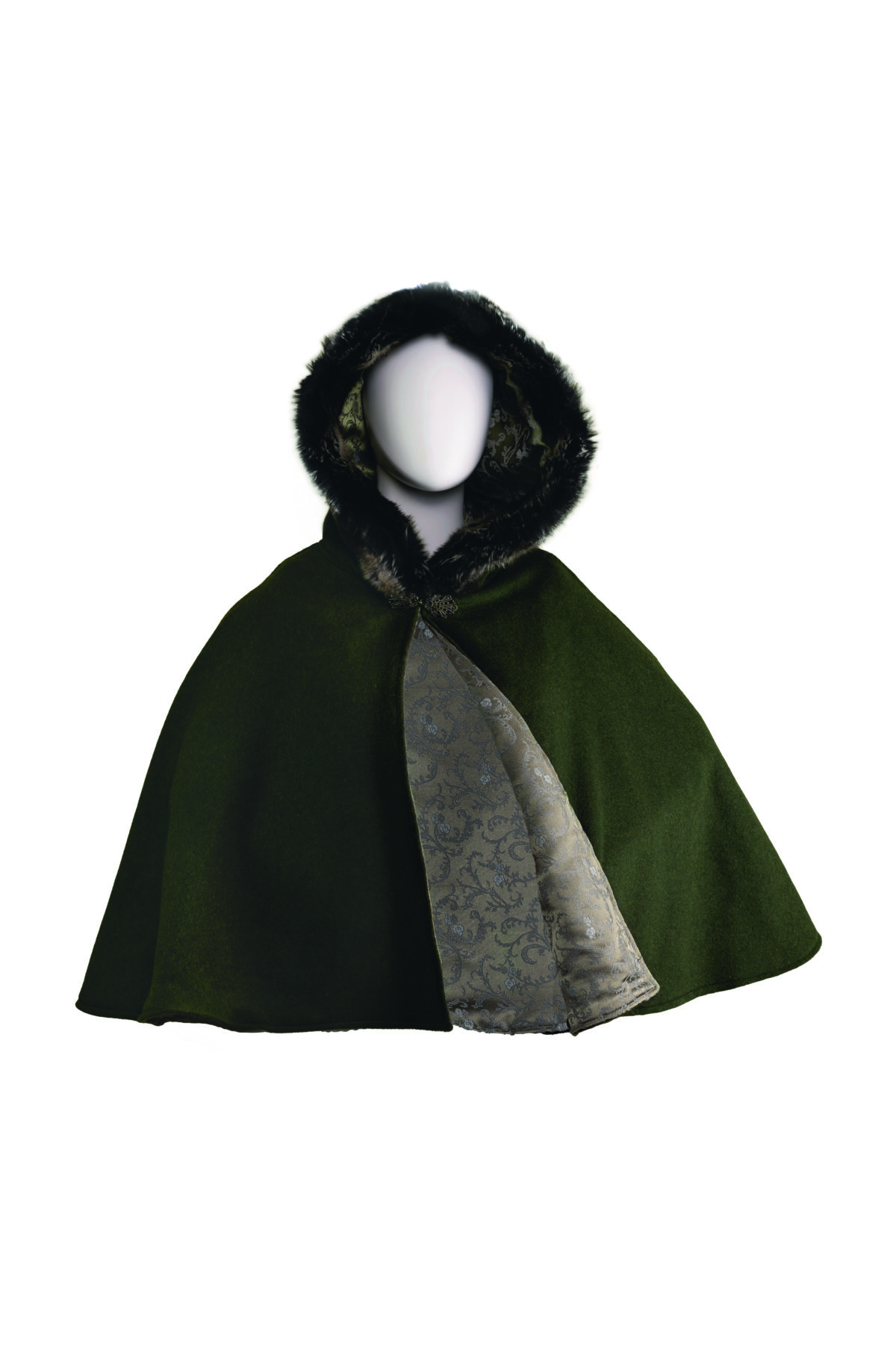 Get_Natural_Fotos_Hochkant6_Shney_G-Si Gugel Kurzcape aus Schurwolle Modell Shney mit Fell an der Kapuze grün